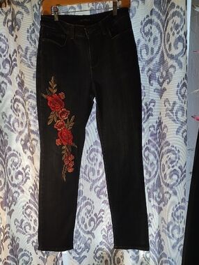 Lee Black Skinny Jeans with Red Floral Embroidery